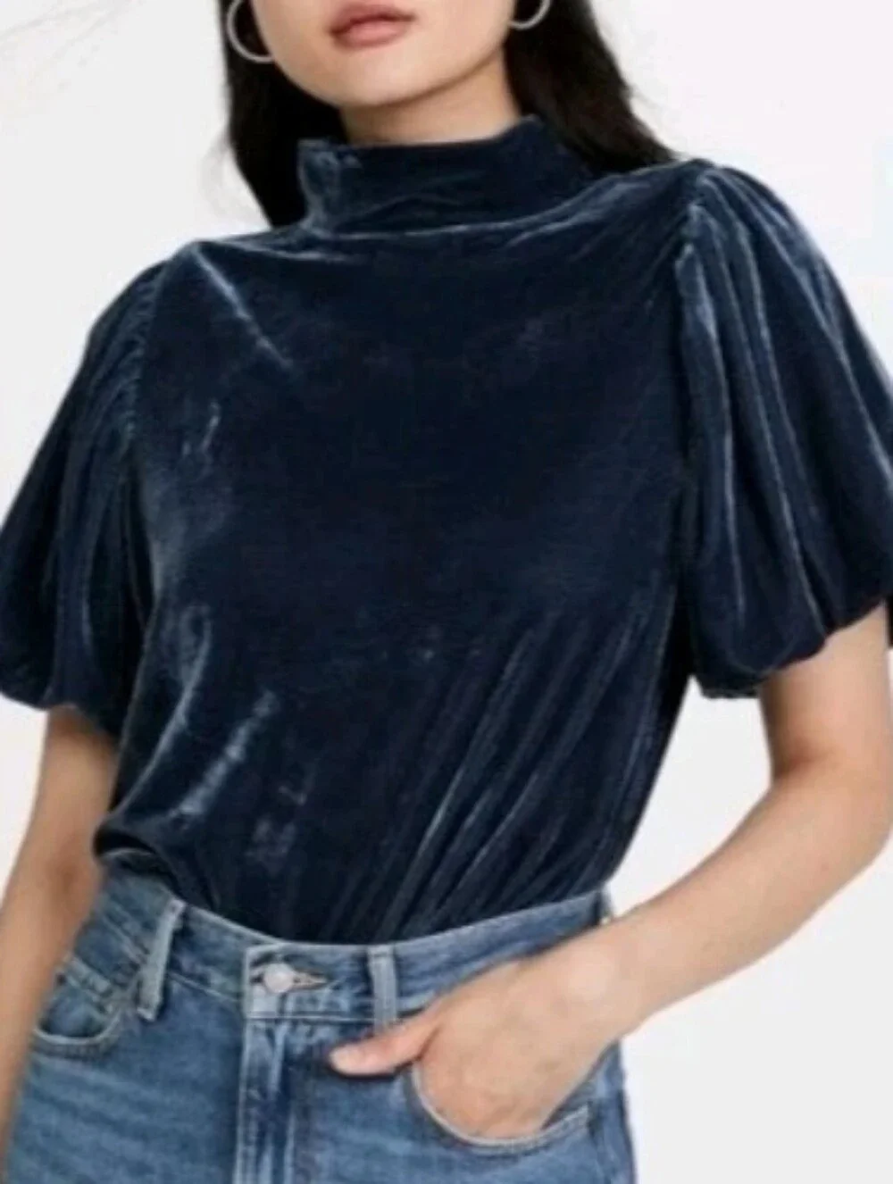 Free People Blue Claudia Velvet Puff-Sleeve Mock Neck Top Size Small